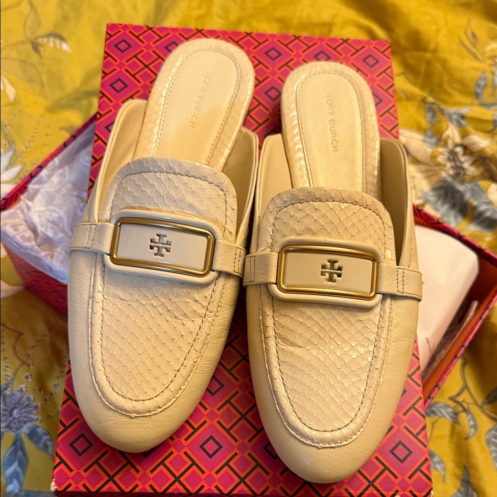 Tory Burch Beige Mules with Gold Buckle